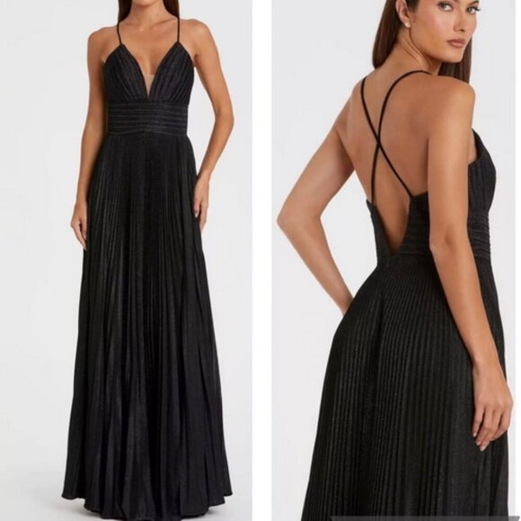 Ieena Mac Duggal Black Sparkle Pleated A-Line Gown